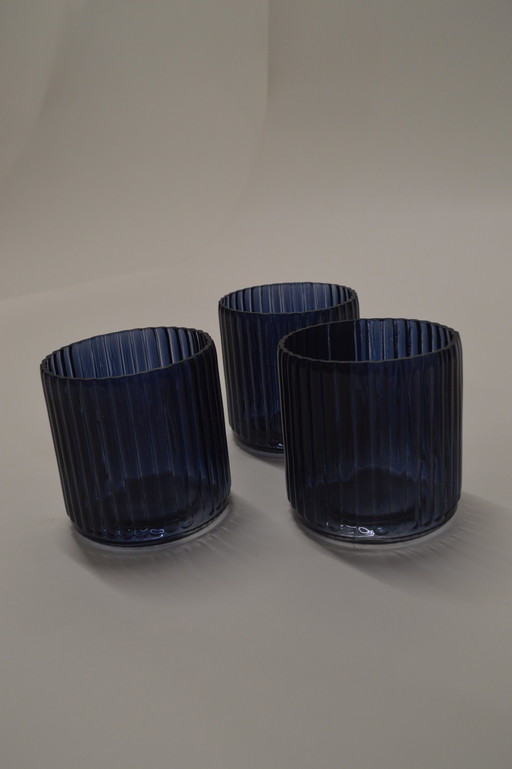 3 Blue, Glasses With Ribbed Sides