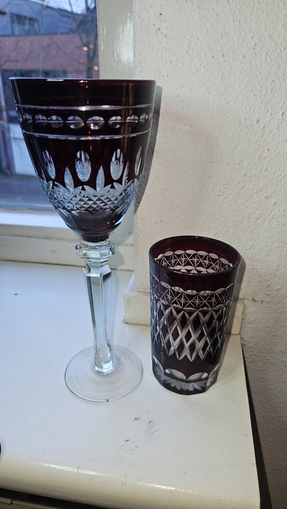 Image 1 of 8 Pieces Bohemian Ruby Red Cut To Clear Polished Glasses.