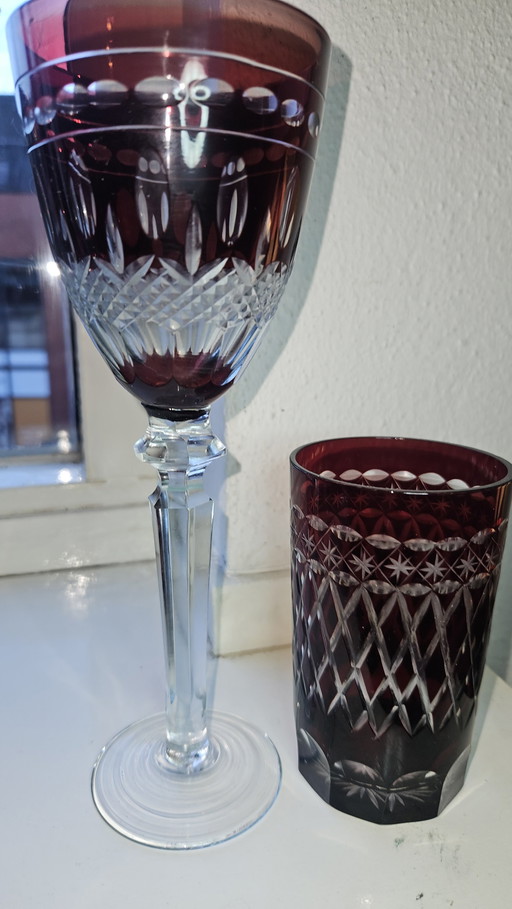 8 Pieces Bohemian Ruby Red Cut To Clear Polished Glasses.