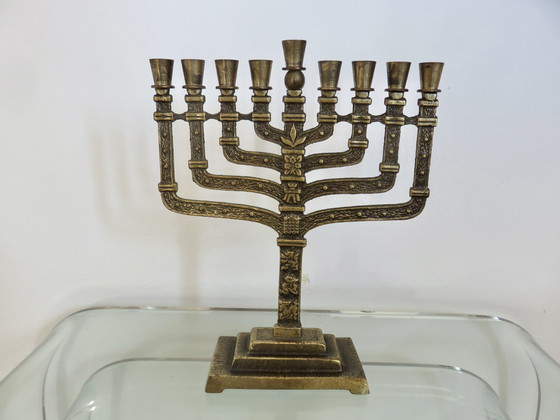 Image 1 of Hanukkah Menorah Candleholder 9 Candles, Brass, 1960