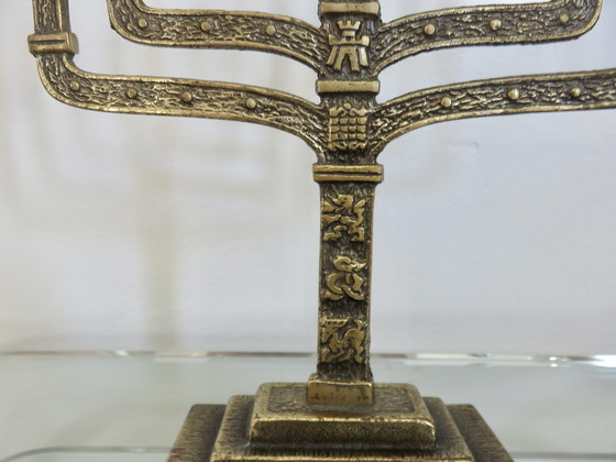 Image 1 of Hanukkah Menorah Candleholder 9 Candles, Brass, 1960