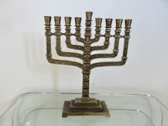 Image 1 of Hanukkah Menorah Candleholder 9 Candles, Brass, 1960