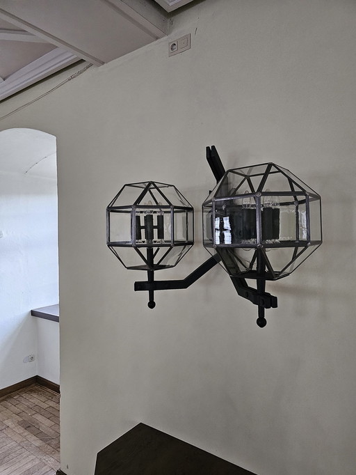 Double Globe Castle Wrought Iron Lamps With Leaded Glass Spheres 