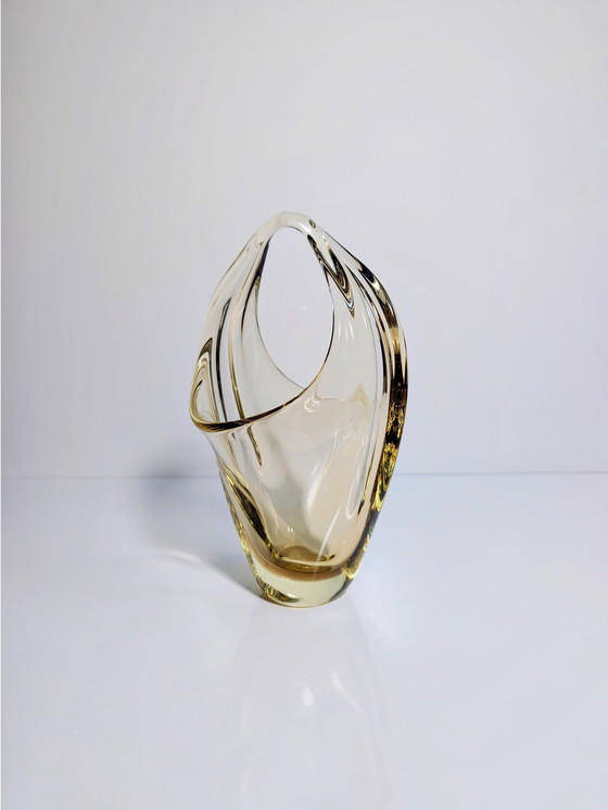 Image 1 of Bohemian Citrine Glass Basket Bowl Mid - Century 1960s Miroslav Klinger Cz Zbs Vase