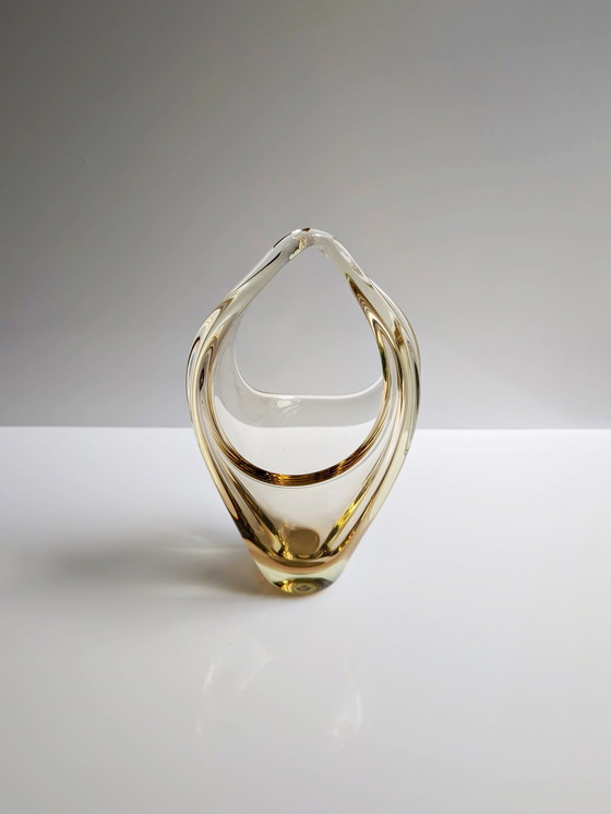 Image 1 of Bohemian Citrine Glass Basket Bowl Mid - Century 1960s Miroslav Klinger Cz Zbs Vase