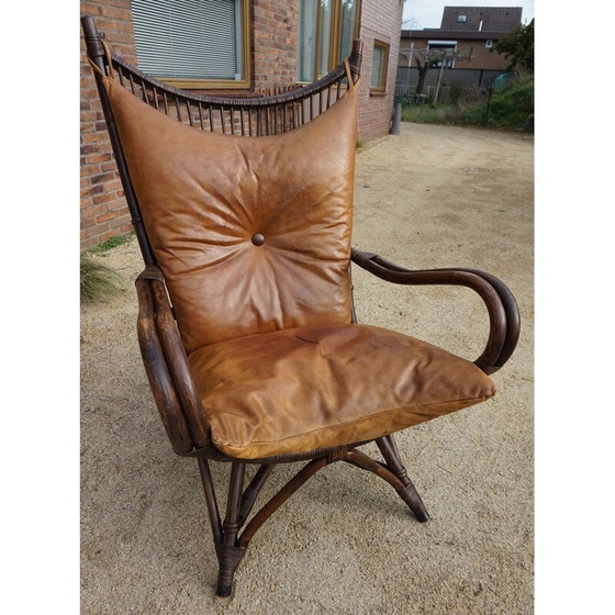 Image 1 of Vintage bamboo and leather "sculptural fan back" lounge chair, 1960s