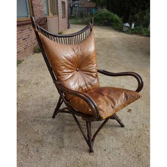 Image 1 of Vintage bamboo and leather "sculptural fan back" lounge chair, 1960s