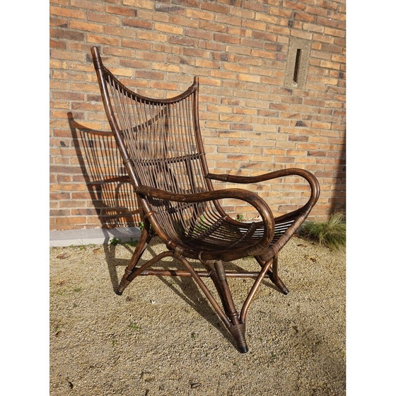 Image 1 of Vintage bamboo and leather "sculptural fan back" lounge chair, 1960s