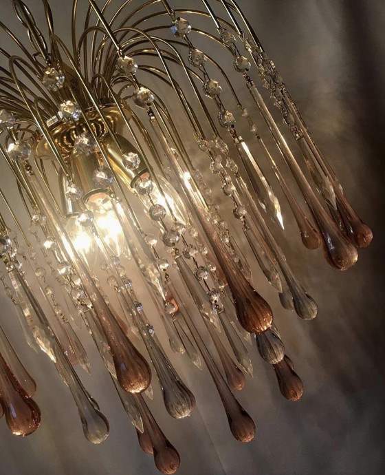 Image 1 of Vintage pink chandelier pendant lamp XL size gold frame