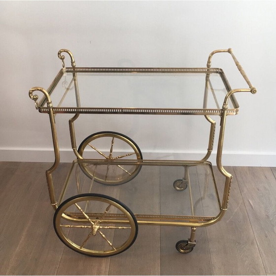 Image 1 of Vintage brass and glass table on wheels by Jasen, France 1940