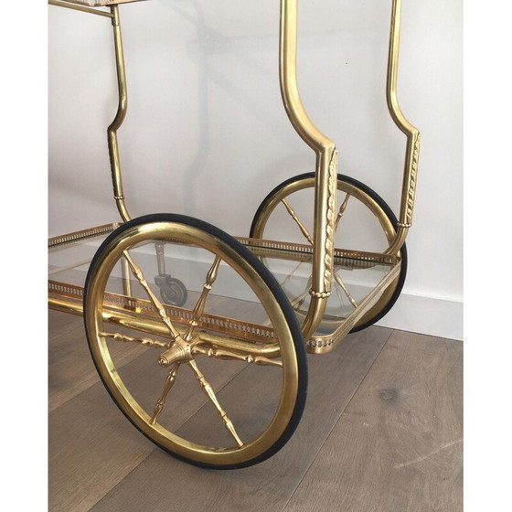Image 1 of Vintage brass and glass table on wheels by Jasen, France 1940