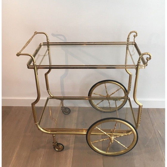 Image 1 of Vintage brass and glass table on wheels by Jasen, France 1940