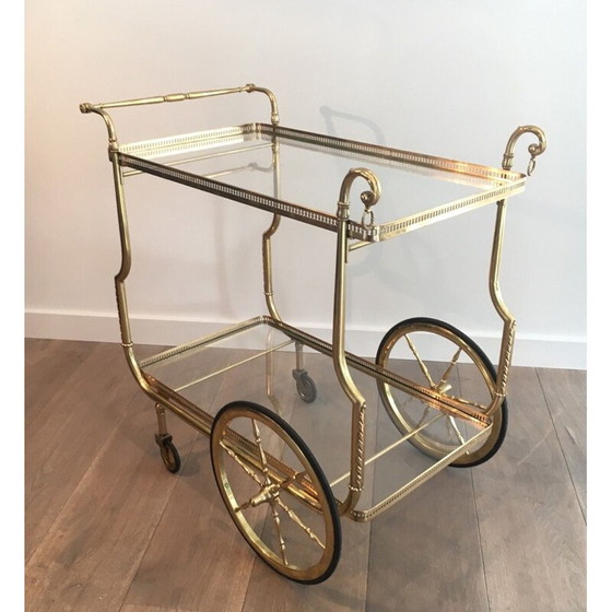 Image 1 of Vintage brass and glass table on wheels by Jasen, France 1940