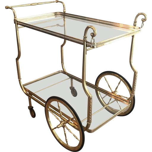 Vintage brass and glass table on wheels by Jasen, France 1940