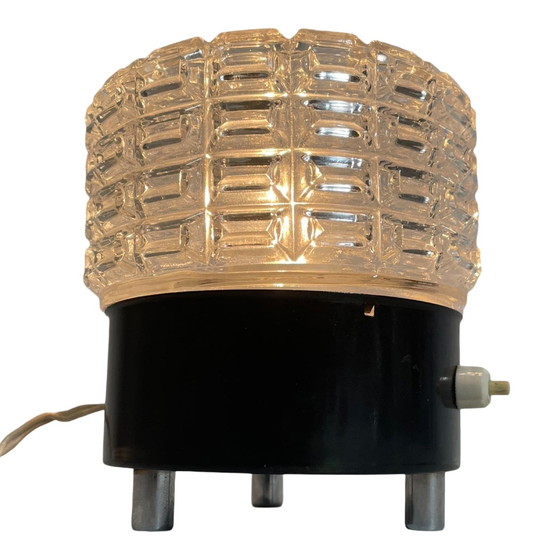 Image 1 of Vintage - Ca. 1970'S - Pressed Glass And Metal Base Supported On Chrome Feet - Table Lamp