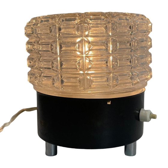 Image 1 of Vintage - Ca. 1970'S - Pressed Glass And Metal Base Supported On Chrome Feet - Table Lamp