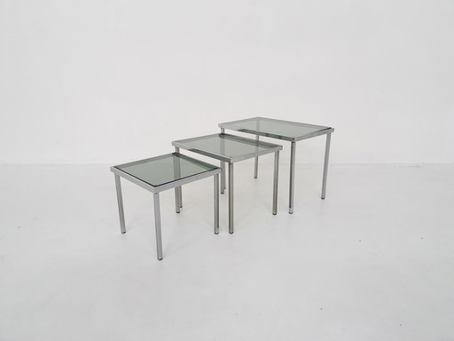 Tables gigognes en verre et chrome du Mid Century, années 1970