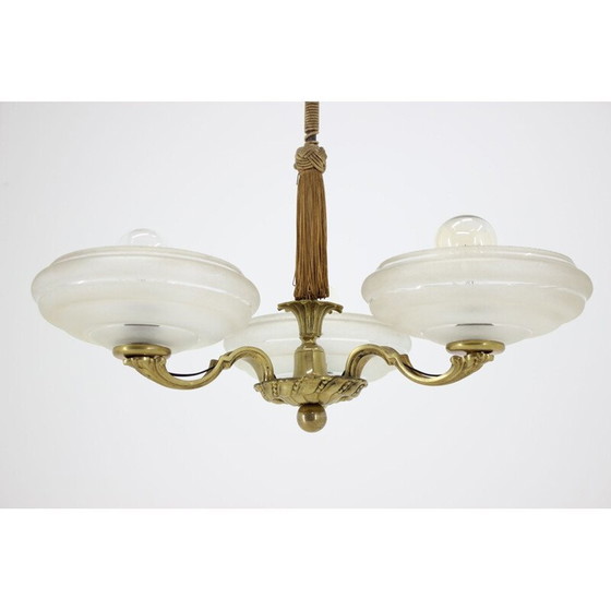 Image 1 of Vintage Art Deco brass and glass chandelier, Czechoslovakia 1930