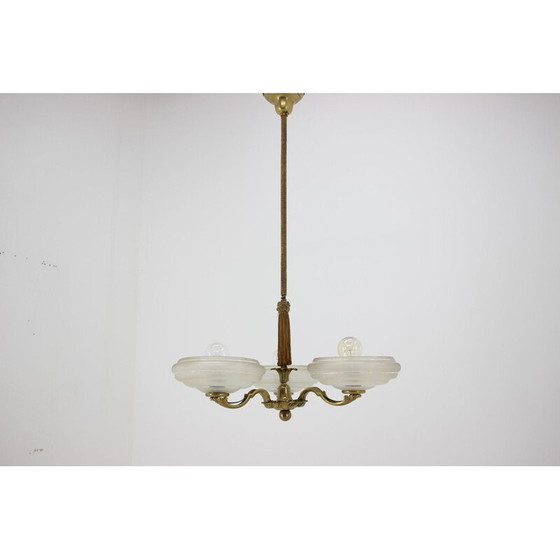 Image 1 of Vintage Art Deco brass and glass chandelier, Czechoslovakia 1930