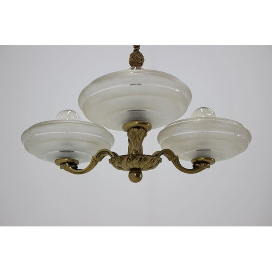 Image 1 of Vintage Art Deco brass and glass chandelier, Czechoslovakia 1930