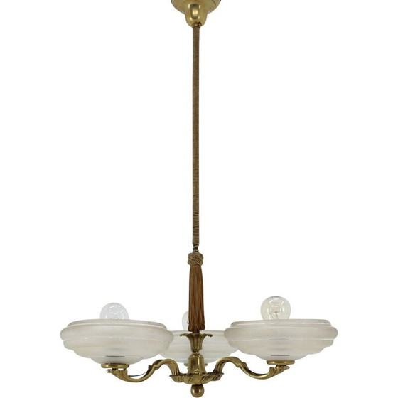 Image 1 of Vintage Art Deco brass and glass chandelier, Czechoslovakia 1930