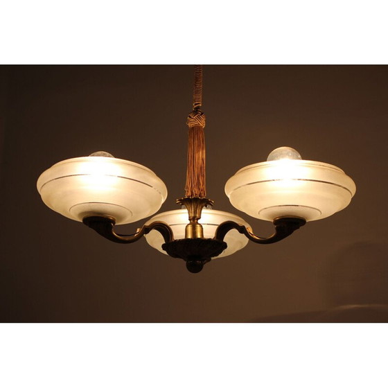 Image 1 of Vintage Art Deco brass and glass chandelier, Czechoslovakia 1930