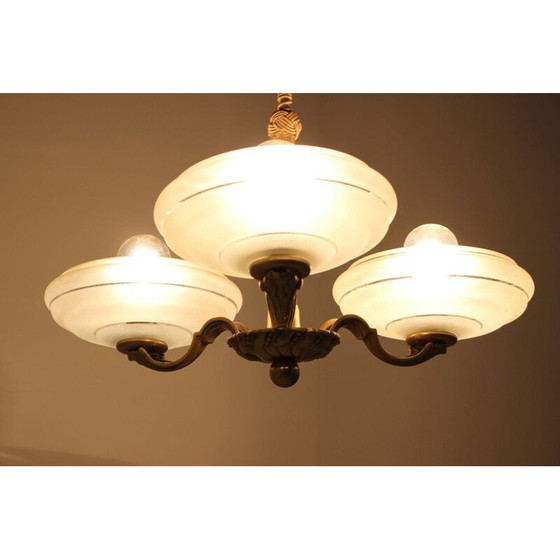 Image 1 of Vintage Art Deco brass and glass chandelier, Czechoslovakia 1930