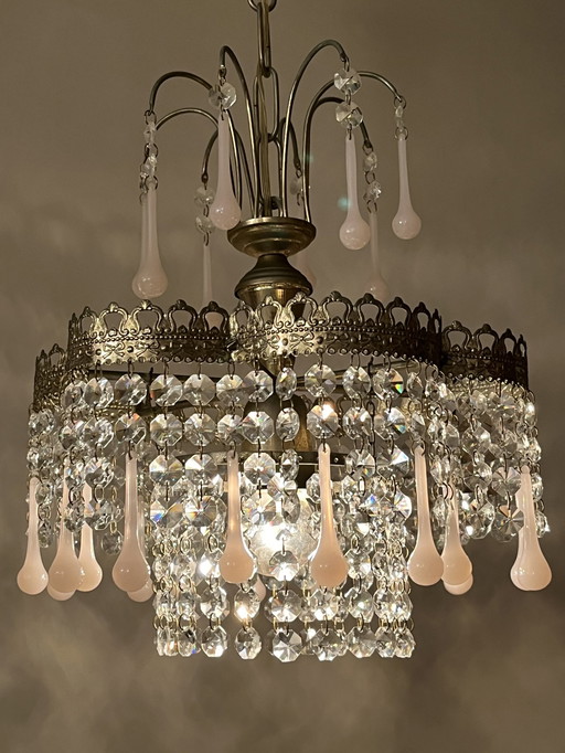 Vintage Opaline Pink Teardrop Chandelier Pendant Lamp Crystal