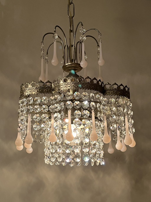 Vintage Opaline Pink Teardrop Chandelier Pendant Lamp Crystal