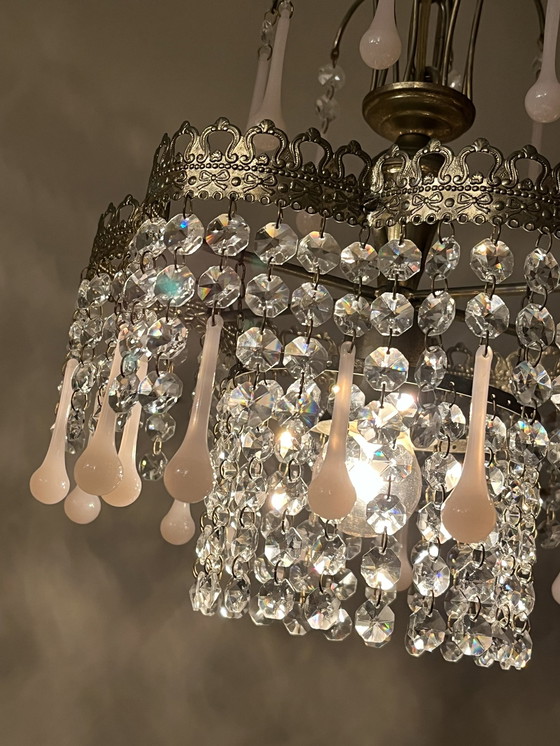 Image 1 of Lampadario a sospensione vintage in cristallo rosa opalino a goccia 