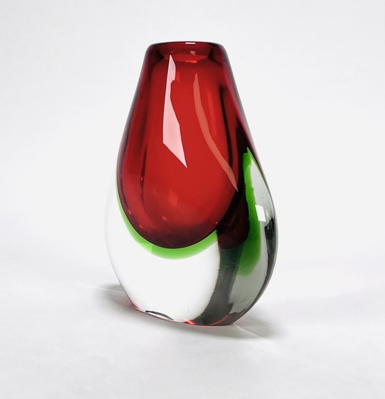 Image 1 of Red-Green Crystal Murano Vase.