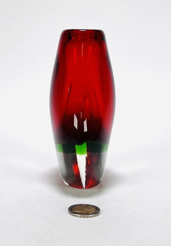 Image 1 of Red-Green Crystal Murano Vase.