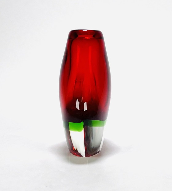 Image 1 of Red-Green Crystal Murano Vase.