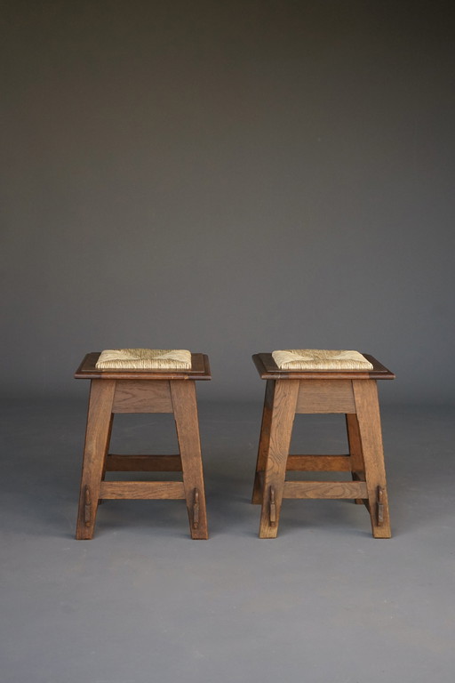 Arts & Crafts Oak & Rush Stools, Set Of 2