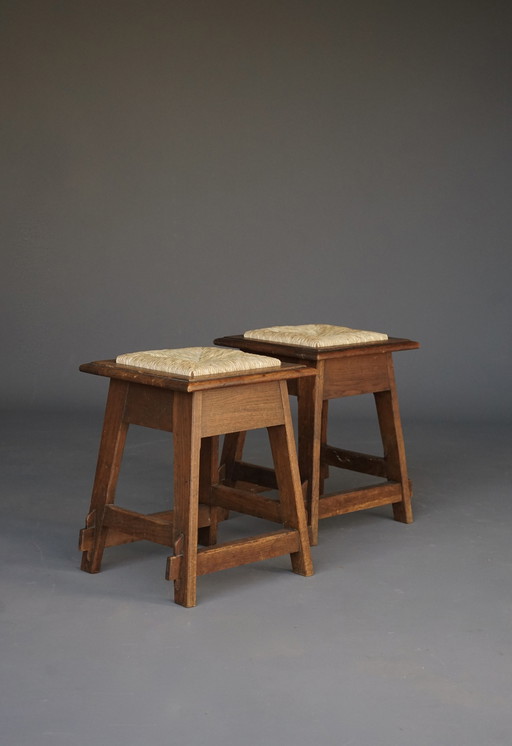 Arts & Crafts Oak & Rush Stools, Set Of 2