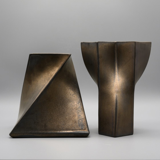 Image 1 of Jan van der Vaart Studio Ceramic Artisan Pottery Vase 1979 & Candle Holder 1978