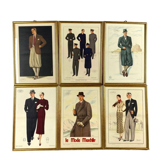 Image 1 of Set of 6 vintage illustrations "La Moda Maschile" in gilded wood with glass, Italy 1930