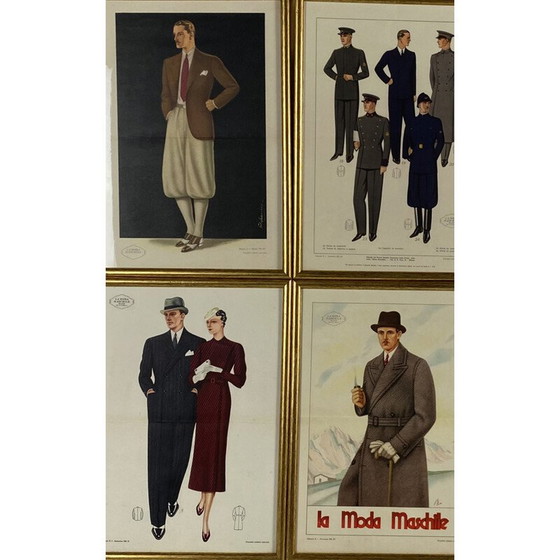 Image 1 of Set of 6 vintage illustrations "La Moda Maschile" in gilded wood with glass, Italy 1930