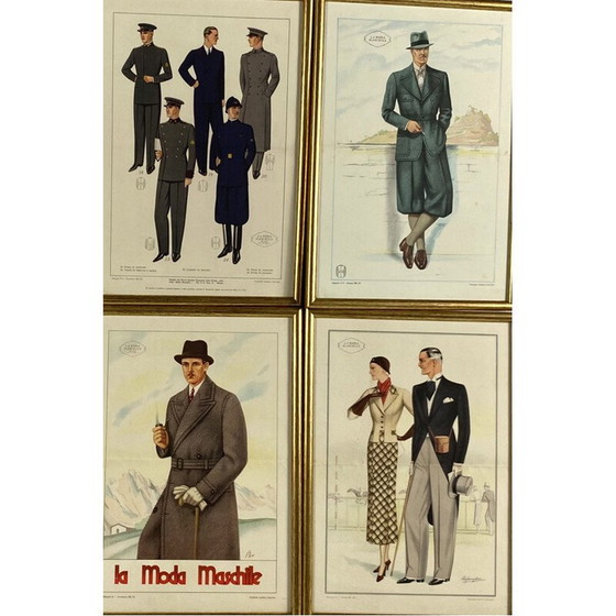Image 1 of Set of 6 vintage illustrations "La Moda Maschile" in gilded wood with glass, Italy 1930