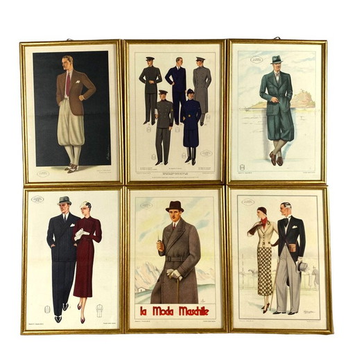 Conjunto de 6 ilustraciones vintage "La Moda Maschile" en madera dorada con cristal, Italia, 1930