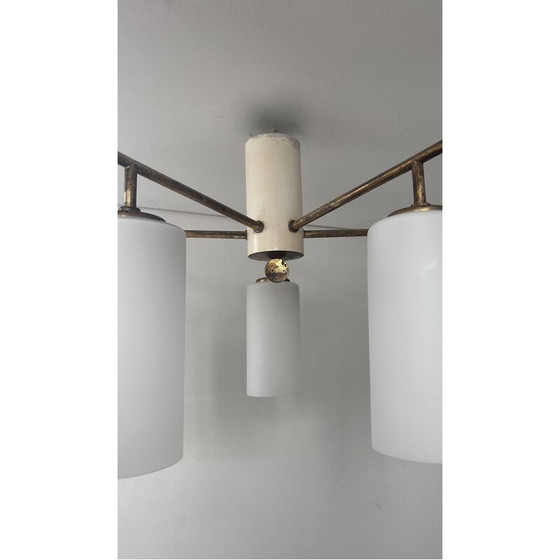 Image 1 of Vintage 5-branched brass and opaline ceiling lamp, Italy 1950