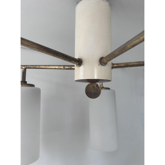 Image 1 of Vintage 5-branched brass and opaline ceiling lamp, Italy 1950