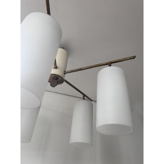 Image 1 of Vintage 5-branched brass and opaline ceiling lamp, Italy 1950