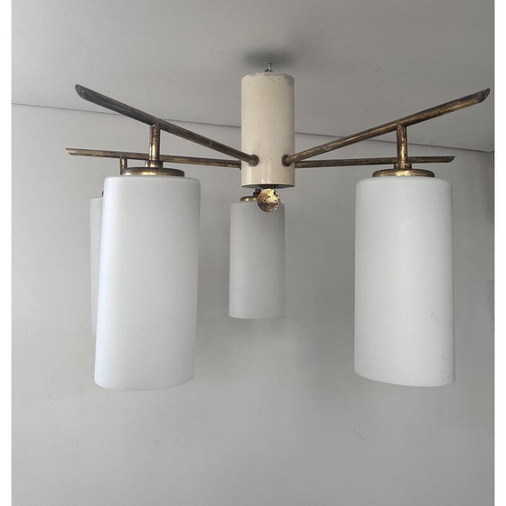 Image 1 of Vintage 5-branched brass and opaline ceiling lamp, Italy 1950
