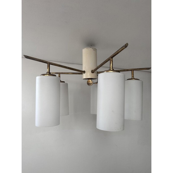 Image 1 of Vintage 5-branched brass and opaline ceiling lamp, Italy 1950