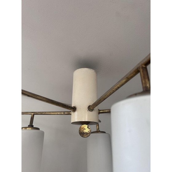 Image 1 of Vintage 5-branched brass and opaline ceiling lamp, Italy 1950