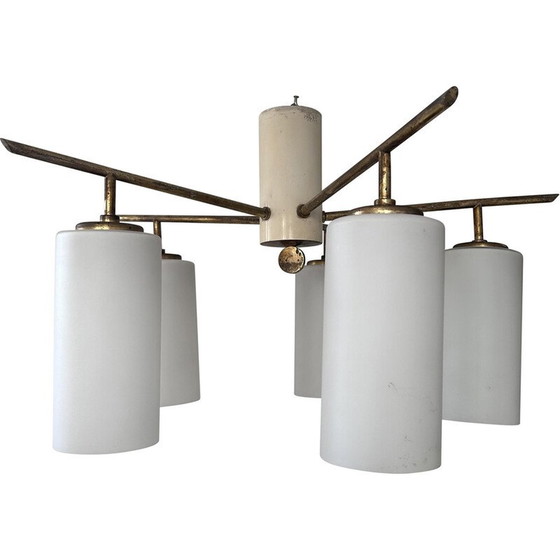 Image 1 of Vintage 5-branched brass and opaline ceiling lamp, Italy 1950