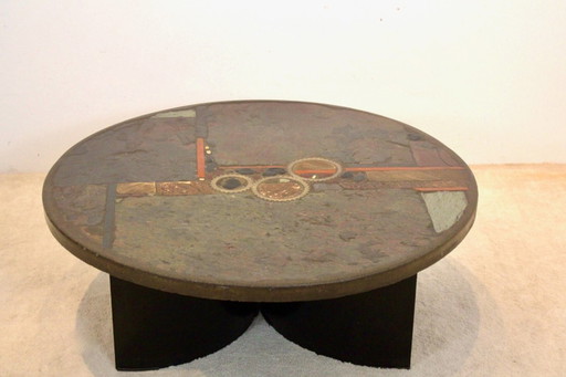 Brutalist Paul Kingma One-Off Slate, Ceramic and Brass Artwork Coffee Table