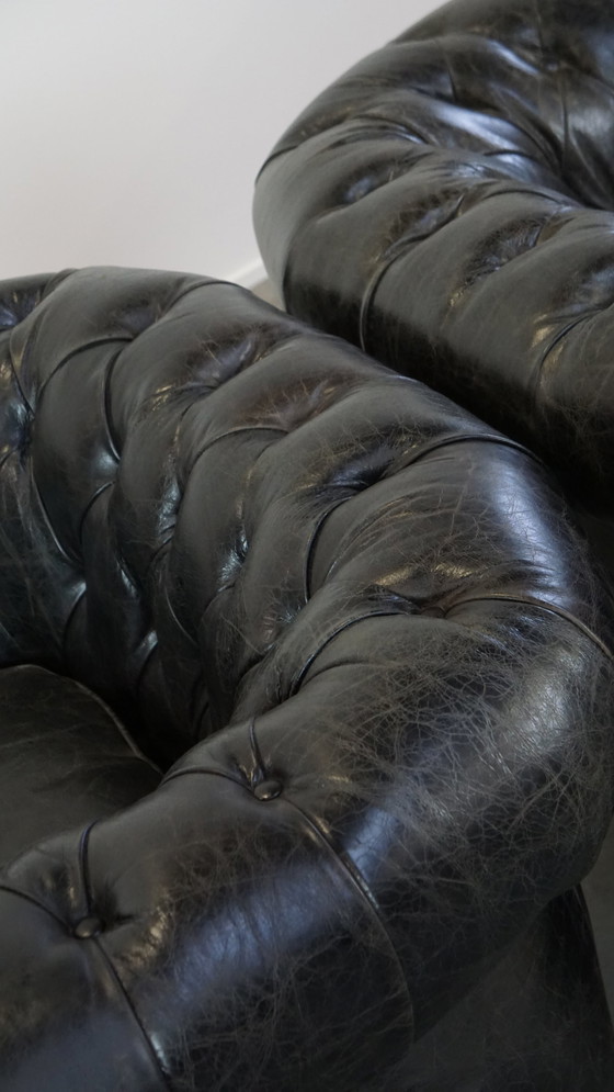 Image 1 of 2 X Black Beef Leather Chesterfield Armchair