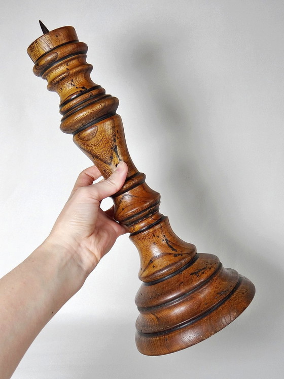 Image 1 of Large candle stick, antique turned wood